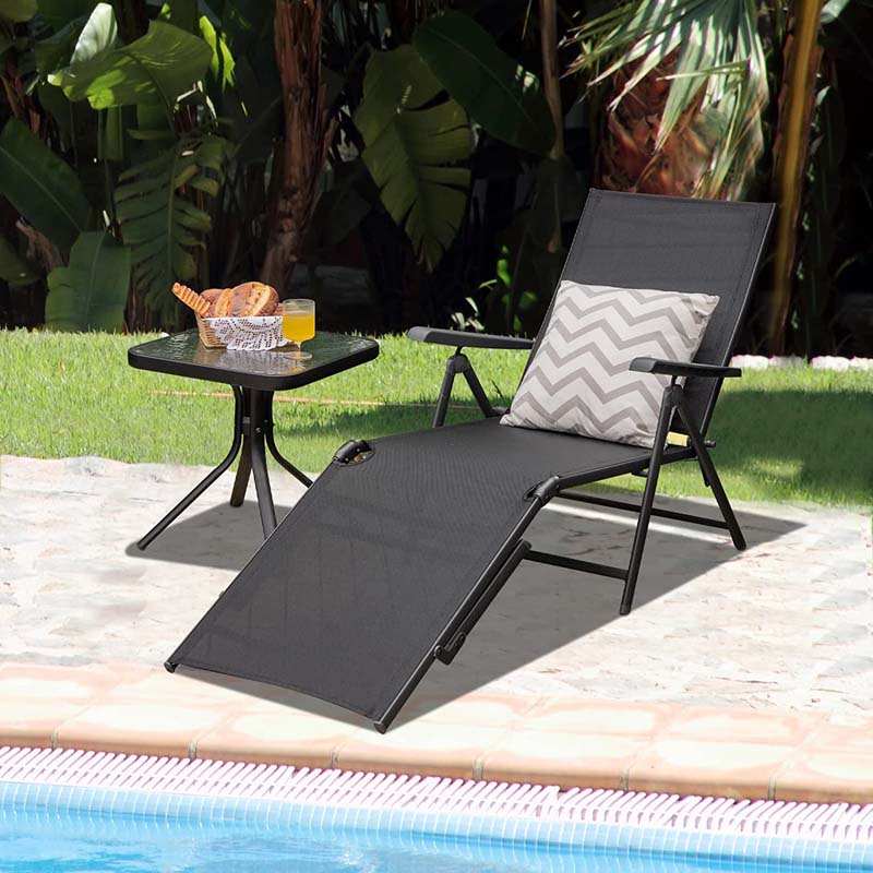 2 Pcs Folding Chaise Lounge Chair with 5-Position Backrest & 2-Position Footrest, Fabric Seat Sun Lounger for Pool Deck Beach