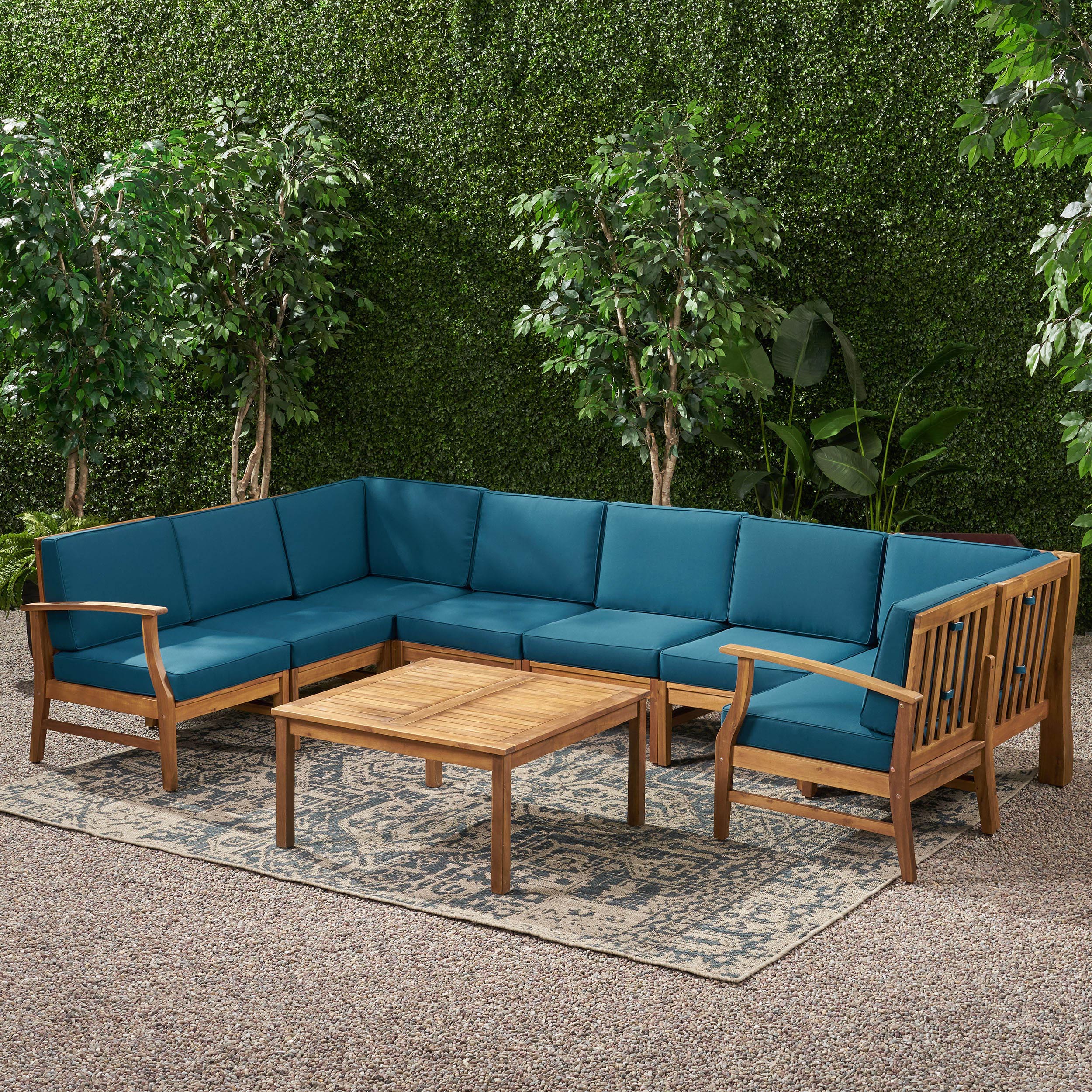 Scarlett Outdoor 8 Seat Teak Finished Acacia Wood Sectional Sofa and Table Set