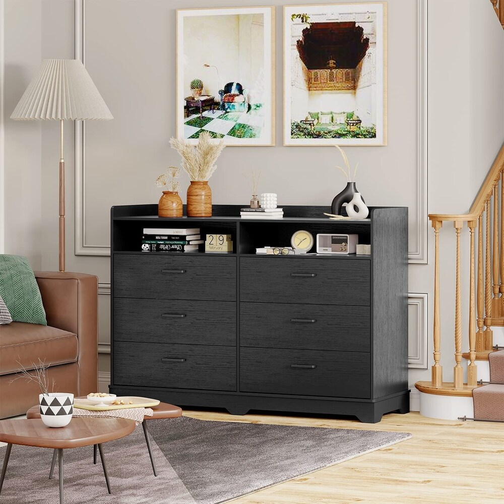 6 Drawers Dresser  Modern Storage Tower Dressers   Chests of Drawers and Open Cubby  Large Clothing Organizer