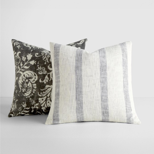 2 pack Yarn dyed Patterns Charcoal Throw Pillows Becky Cameron Charcoal Yarn dyed Awning Stripe Distressed Floral