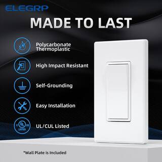 ELEGRP Decorator 15 Amp 120-Volt 3 Way Rocker AC Quiet Light Switch with Wall Plate Matt White (10-Pack) ES005A-0110SWP