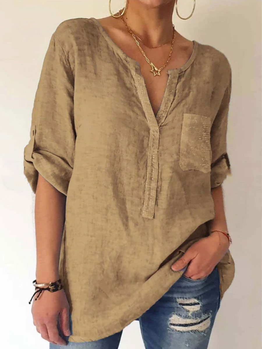 Round Neck Casual Loose Solid Color Long-sleeved Blouse