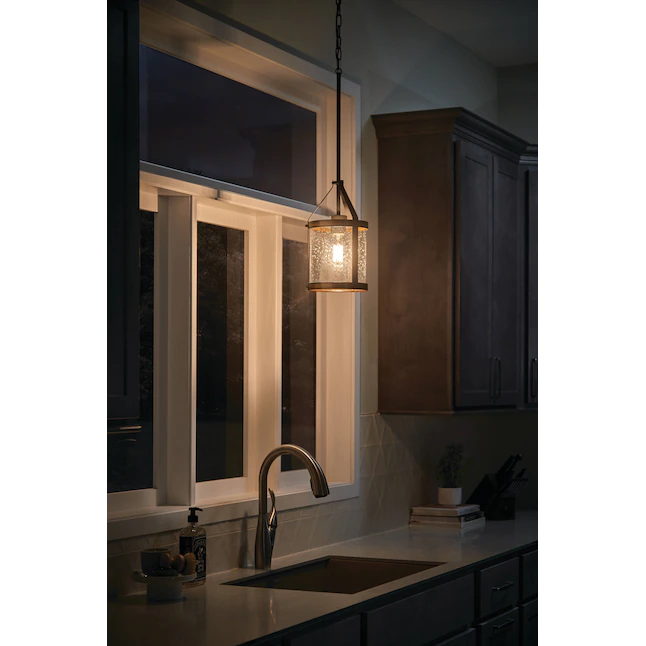 Kichler 82281 Barrington Distressed Black and Wood Tone Rustic Seeded Glass Cylinder Mini Pendant Light