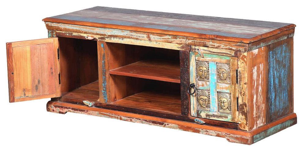 Winifred Reclaimed Wood Buddha Brass Inlay Media TV Stand Cabinet   Asian   Entertainment Centers And Tv Stands   by Sierra Living Concepts Inc  Houzz