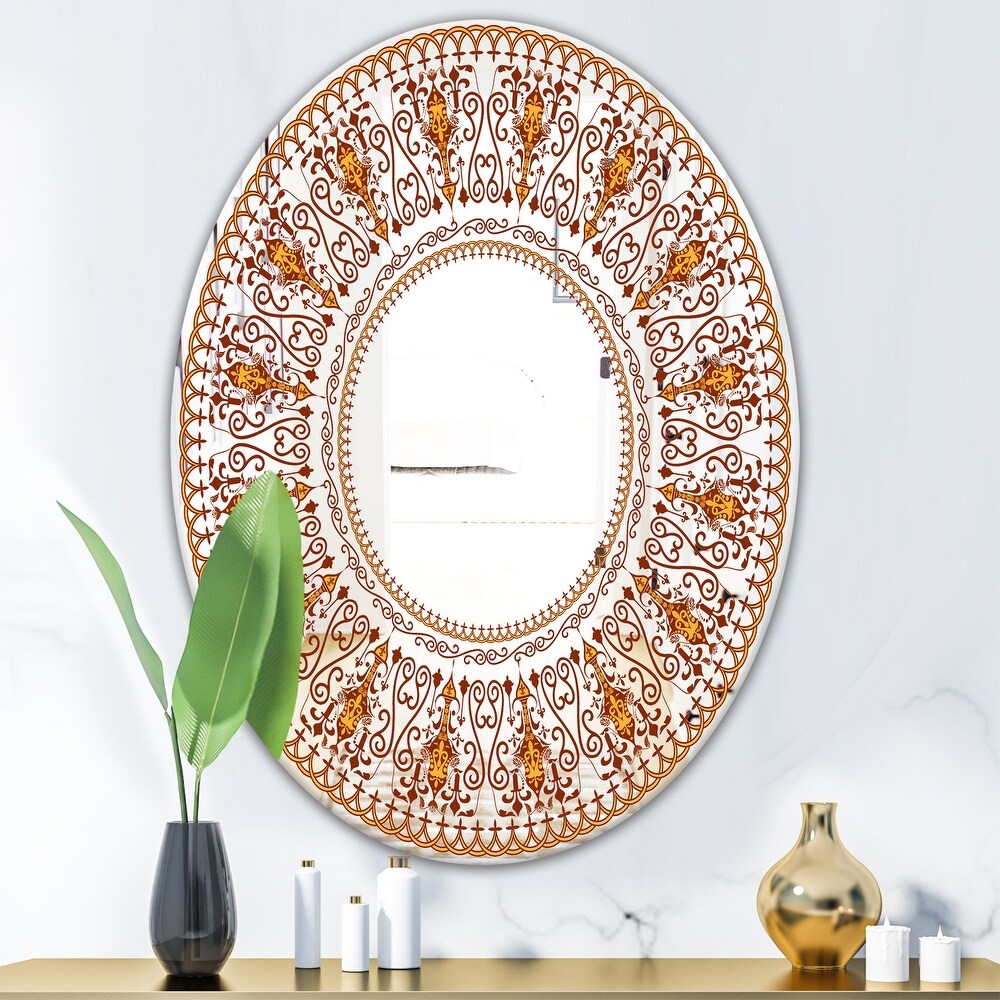 Designart 'Bohemian Brown Pattern' Printed Bohemian and Eclectic Oval or Round Wall Mirror   Bronze