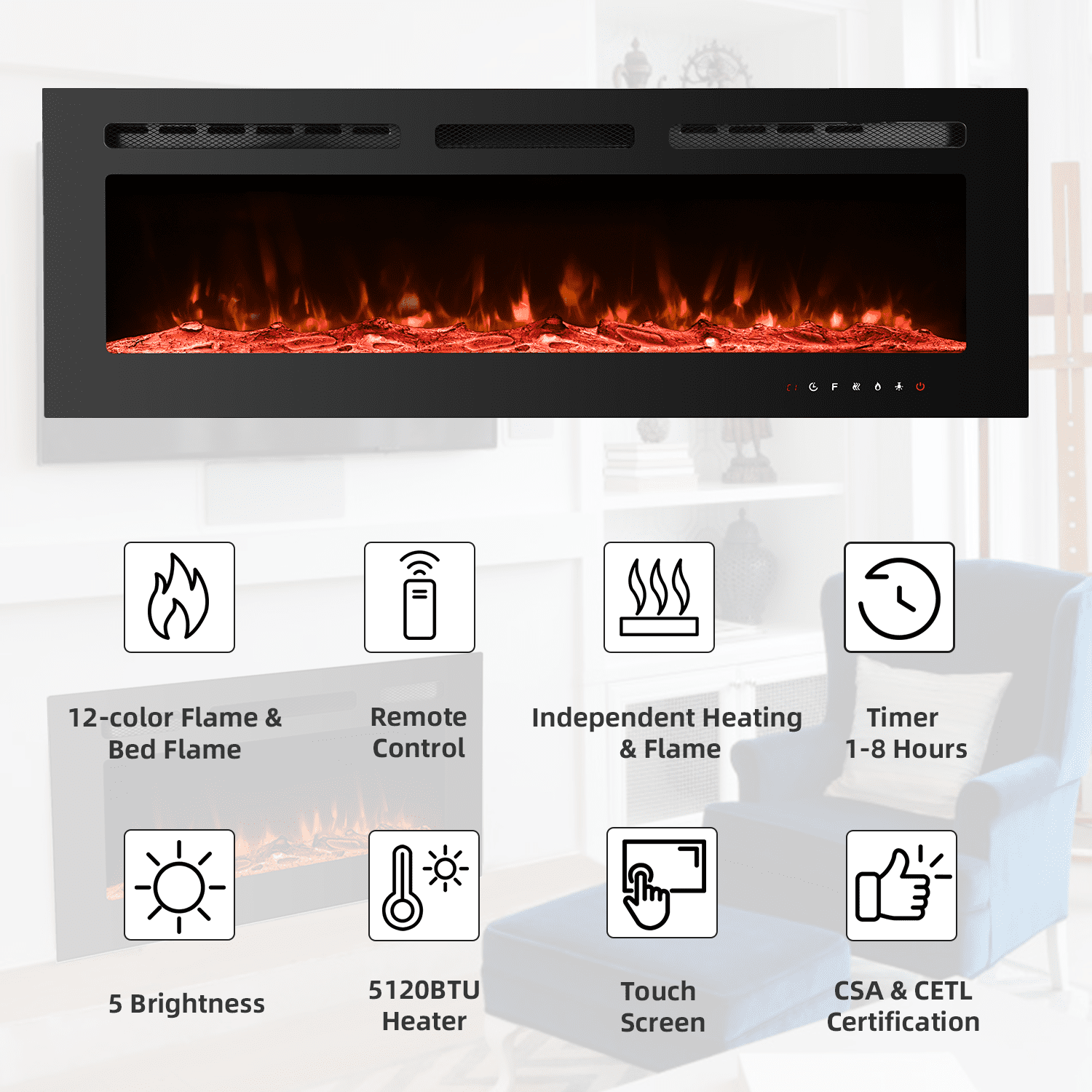 Erommy 50" Electric Fireplace Insert Recessed and Wall Mounted, Linear Fireplace with Touch Screen, Timer, 12 Color Flamer, 750/1500W