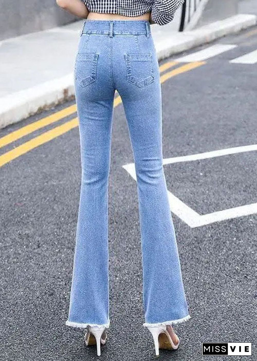 Classy Blue Slim Fit High Waist Embroideried Cotton Denim Flare Pants Summer