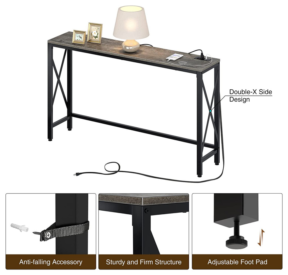 Narrow Console Table with Power Outlet with Metal Frame and Adjustable Feet   Transitional   Console Tables   by Imtinanz  LLC  Houzz