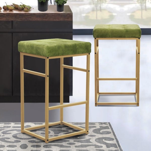 30 Inch Backless Metal Barstool with Beige/Green Velvet Seat-Set of 2