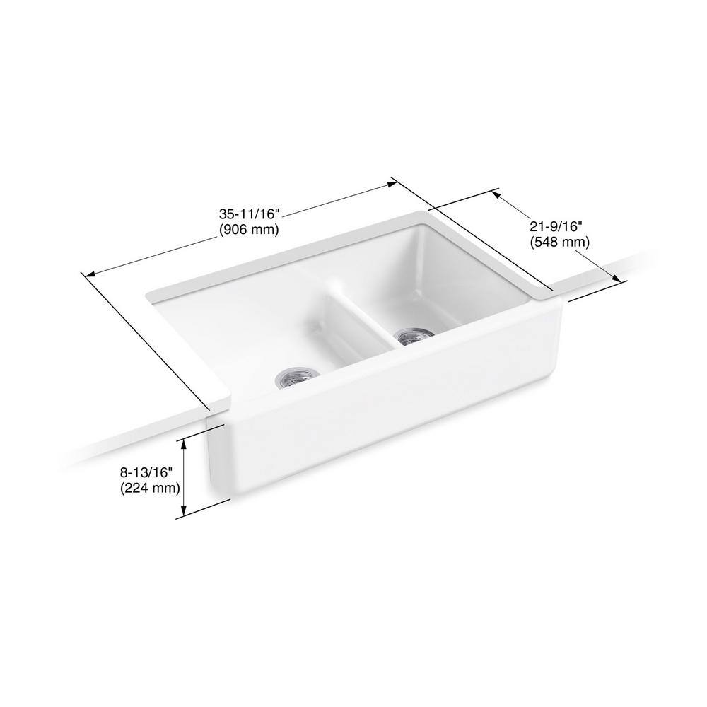 KOHLER Whitehaven Smart Divide Self-Trimming Farmhouse Apron Front Cast Iron 36 in. Double Bowl Kitchen Sink in White K-6427-0