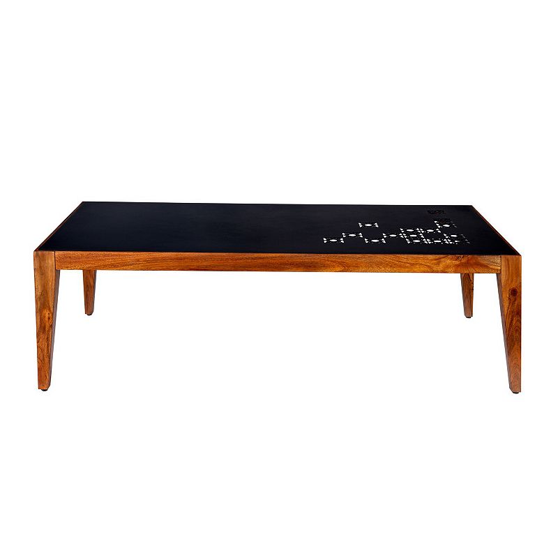 Alba 47 Inch Rectangular Metal Top Coffee Table with Laser Cut Design， Black and Brown