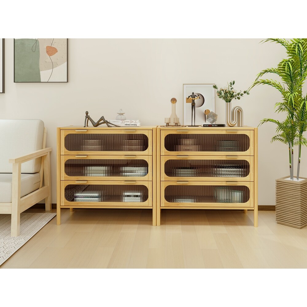 Bamboo 3 Door Cabinet  Sideboard with Glass Doors  Set of 2