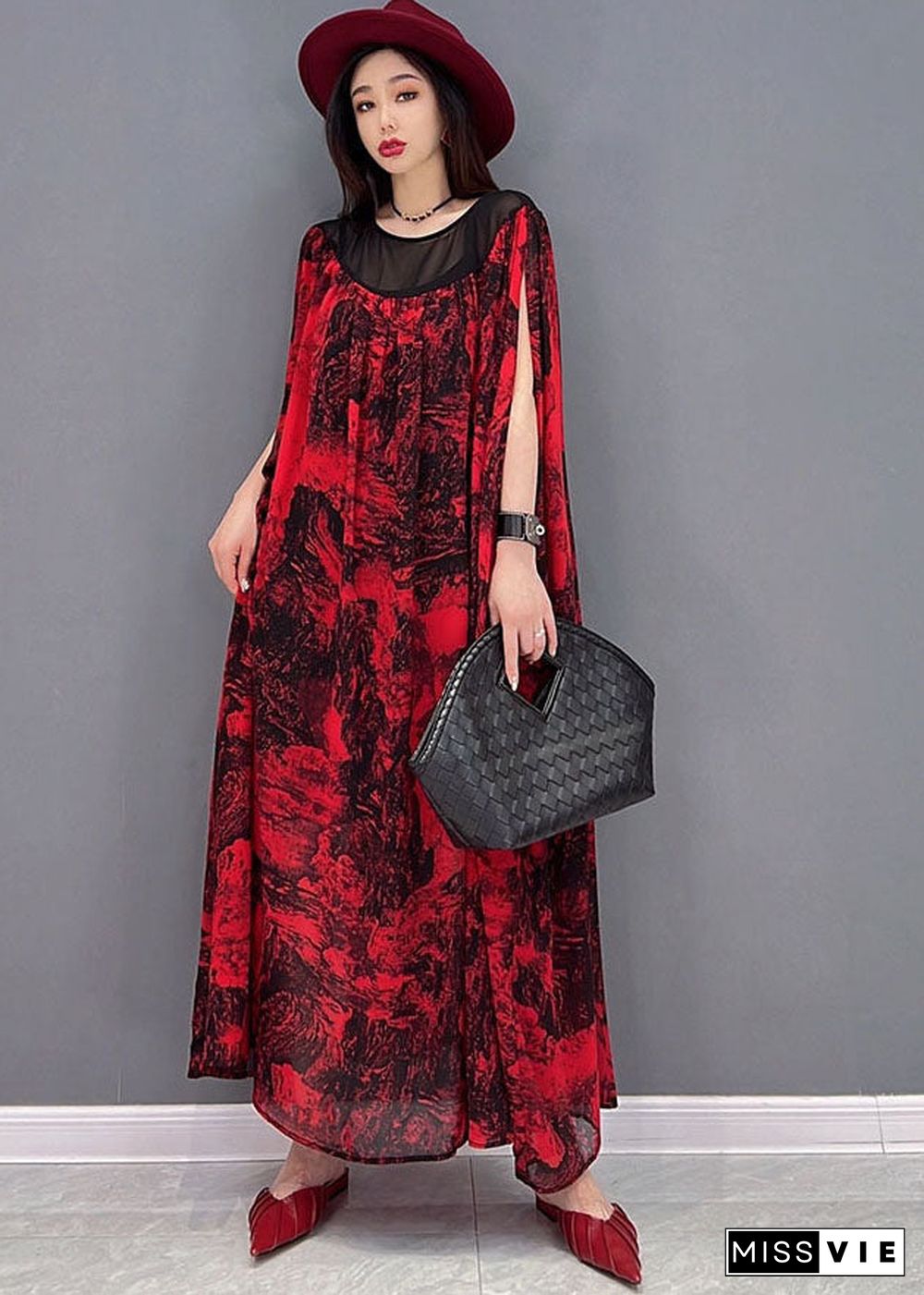 Loose Red Oversized Patchwork Print Chiffon Beach Dress Batwing Sleeve