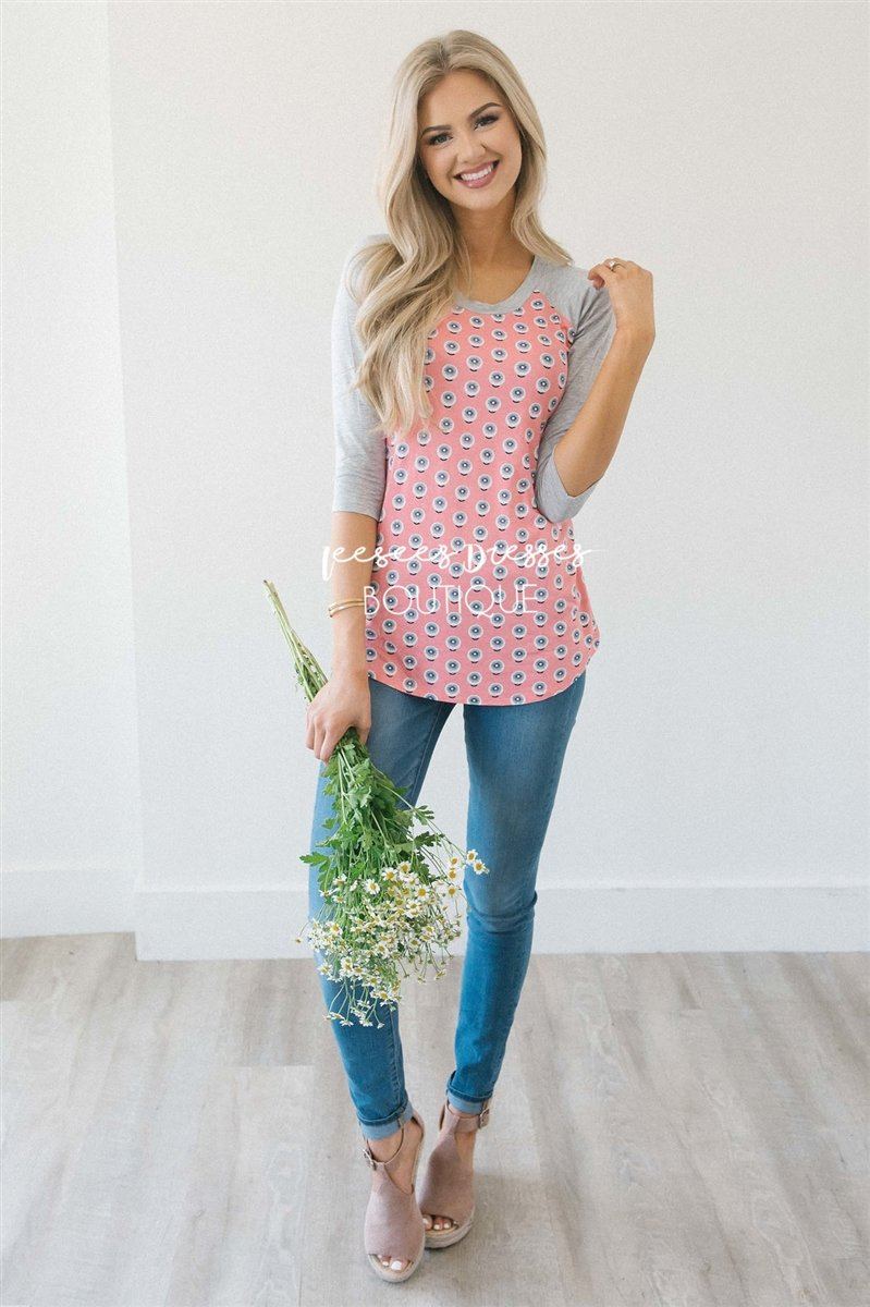 Pink Pinwheel Floral Baseball Sleeve Top