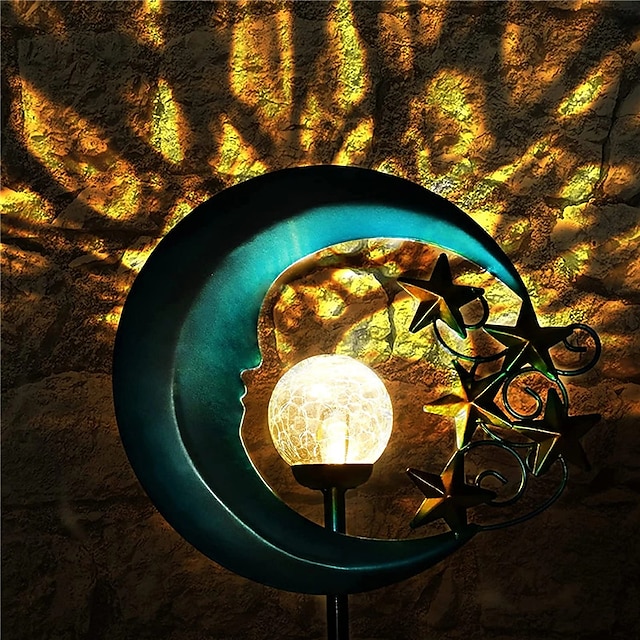 Outdoor Stars Moon Solar Power Light Romantic Moon Angel Retro Metal Lamp With Crackle Glass Globe Led For Courtyard Garden Landscape Lighting 1X