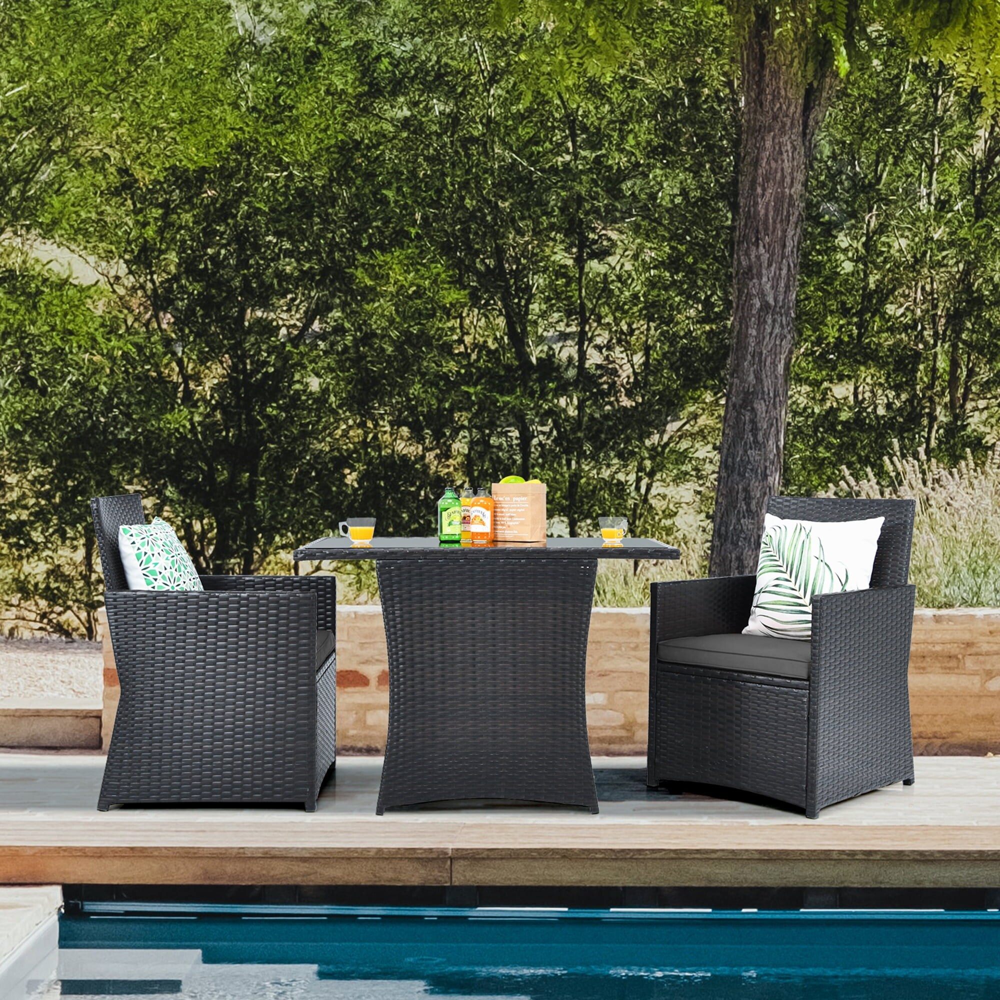 3PCS Patio Wicker Bistro Set PE Rattan Dining Table Set w/ Grey Cushions - Overstock - 37938511