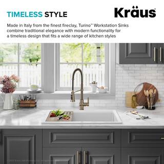 KRAUS Turino Gloss White Fireclay 33 in. Single Bowl Drop-InUndermount Workstation Kitchen Sink KFDW1-33GWH