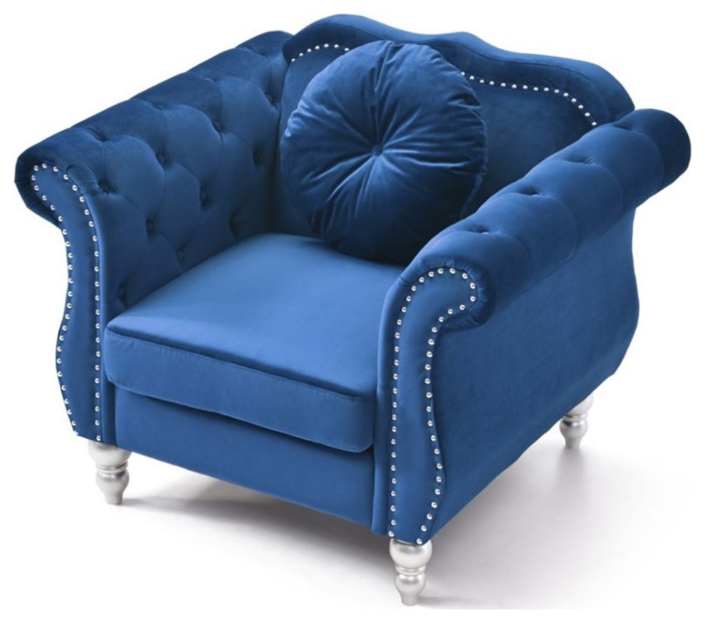 Maklaine Transitional Tufted Velvet Chair in Navy Blue Finish   Eclectic   Armchairs And Accent Chairs   by Homesquare  Houzz