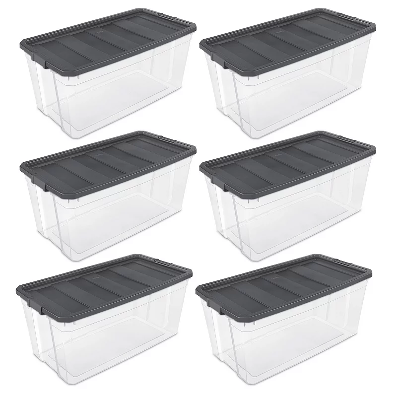 Sterilite 200 Quart Clear Stackable Latching Storage Box Container， Grey， 6 Pack