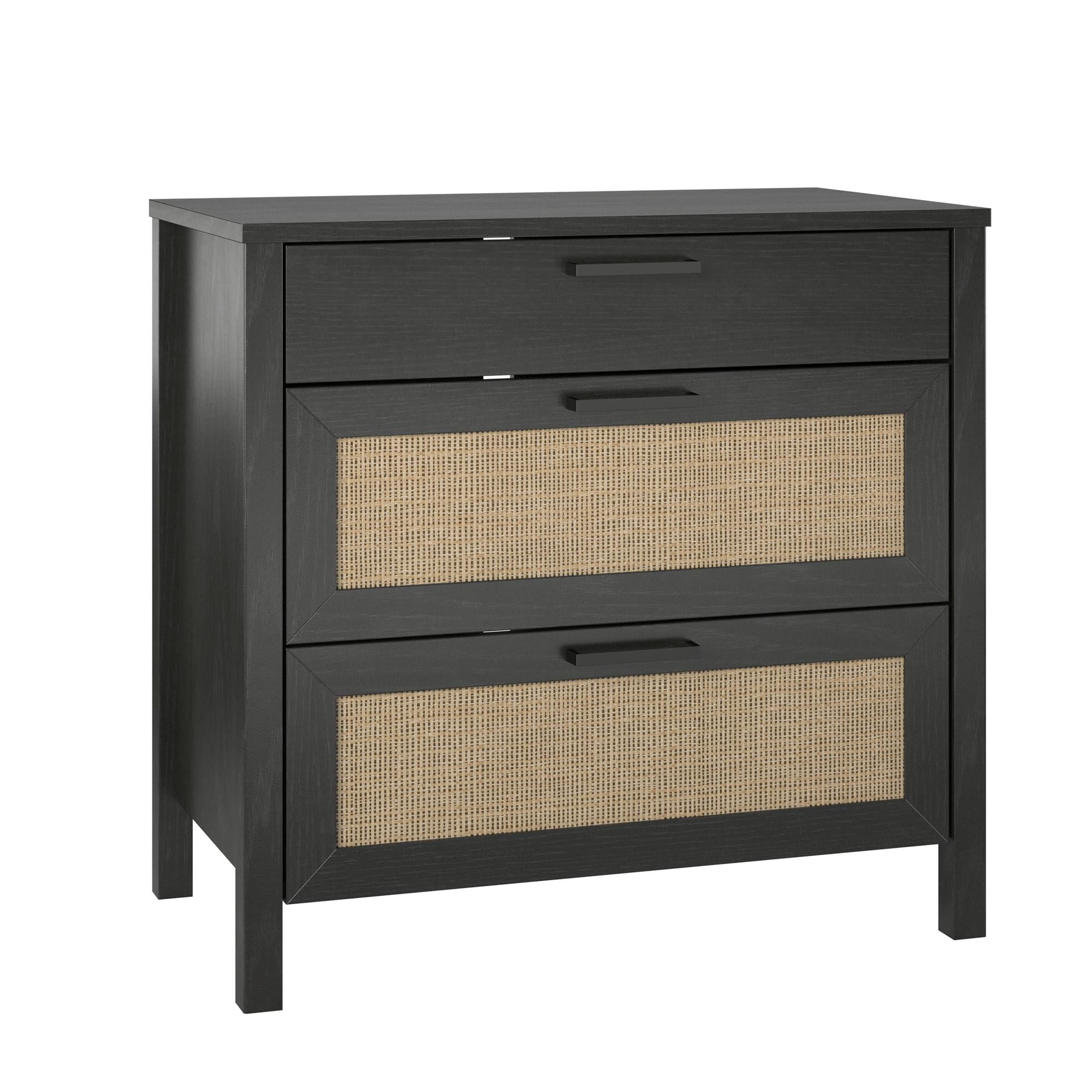 Queer Eye Wimberly 3 Drawer Dresser, Black Oak with Faux Rattan