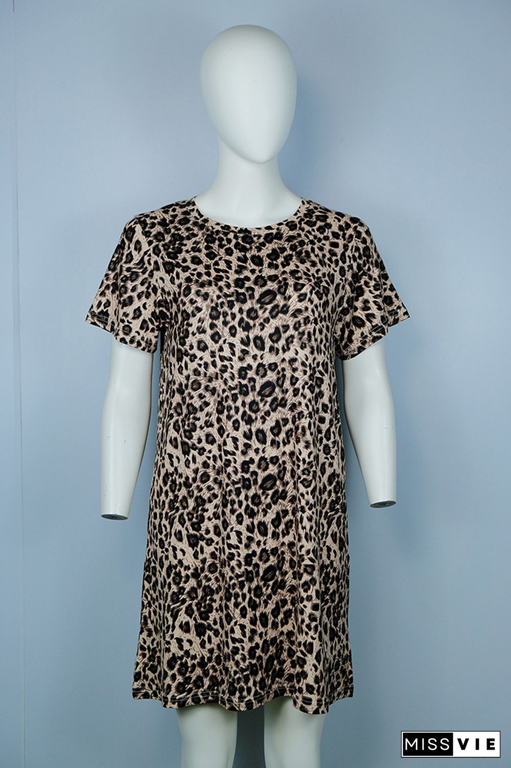 Apricot Leopard Printed O-Neck Short Sleeve Dress