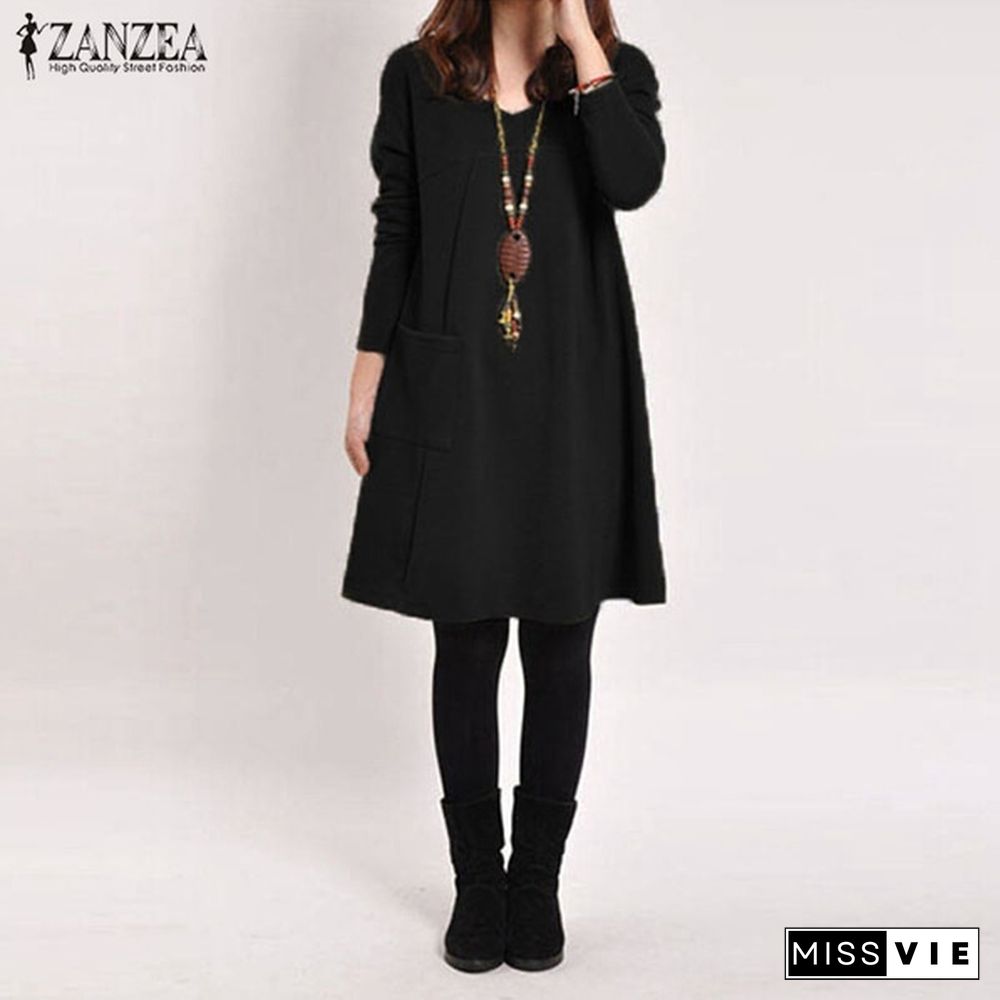 Women V Neck Long Sleeve Casual Loose Tops Shirt Jumper Dress Plus Size