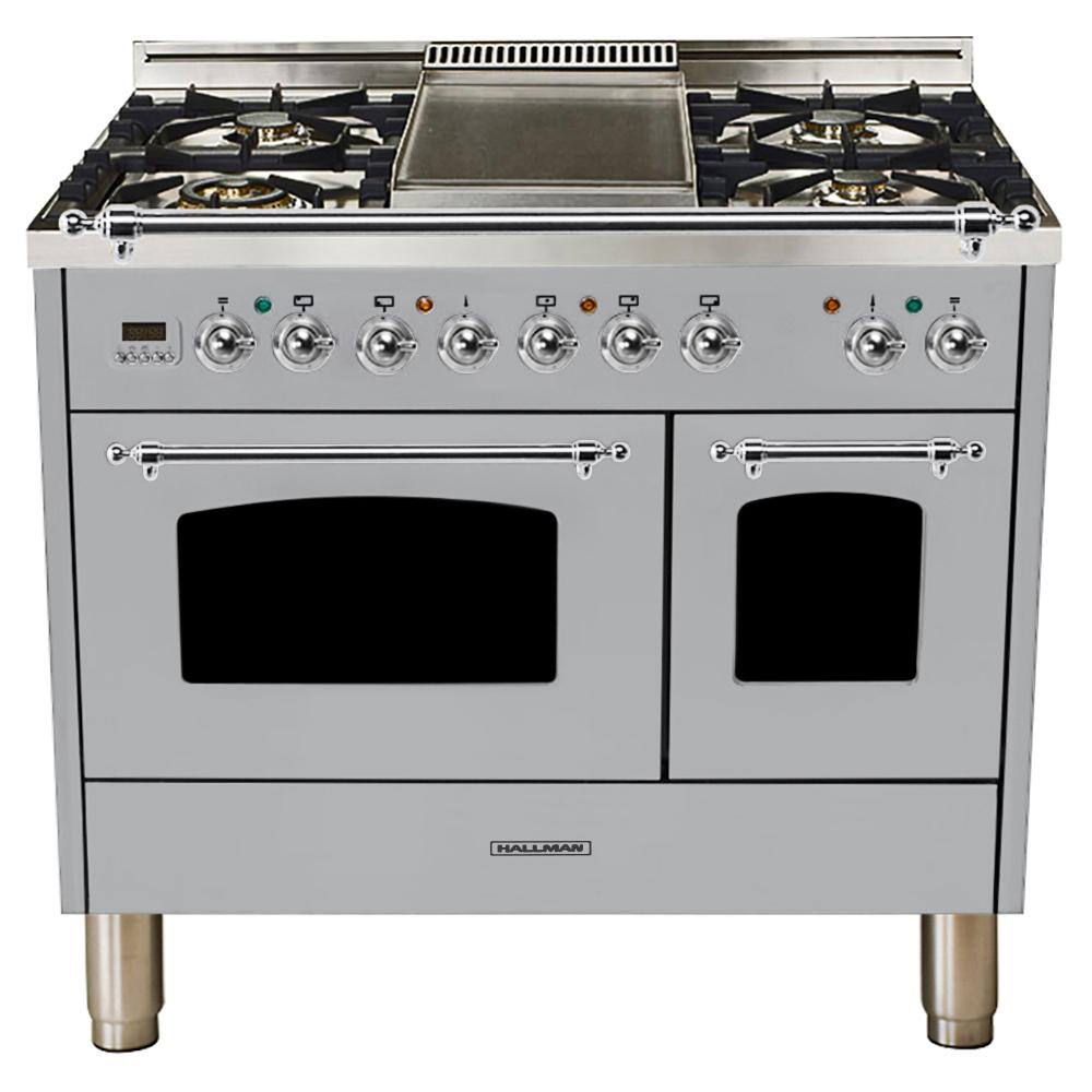 Hallman 40 in. 4.0 cu. ft. Double Oven Dual Fuel Italian Range True Convection5 Burners LP Gas Chrome TrimStainless Steel HDFR40CMSSLP