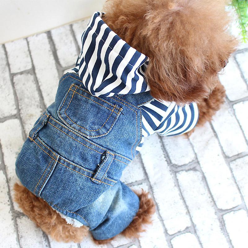 Small Dog Hoodie Clothes Cute Stripe Shirts Denim Jumpsuit One-piece Outfit Cats Boy Girl Chihuahua Blue Jeans Overalls Puppy Costume (blue，l)