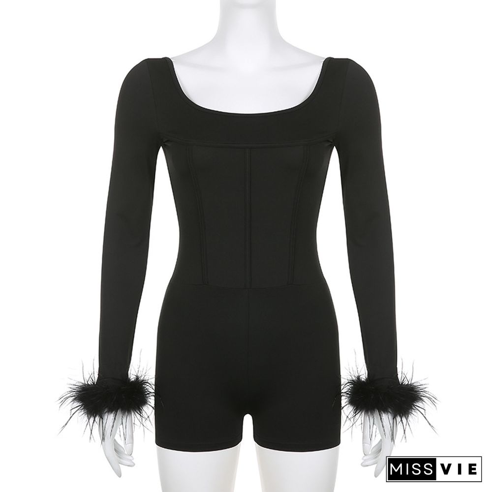 Feather Long Sleeve Ladies High Waist Rompers