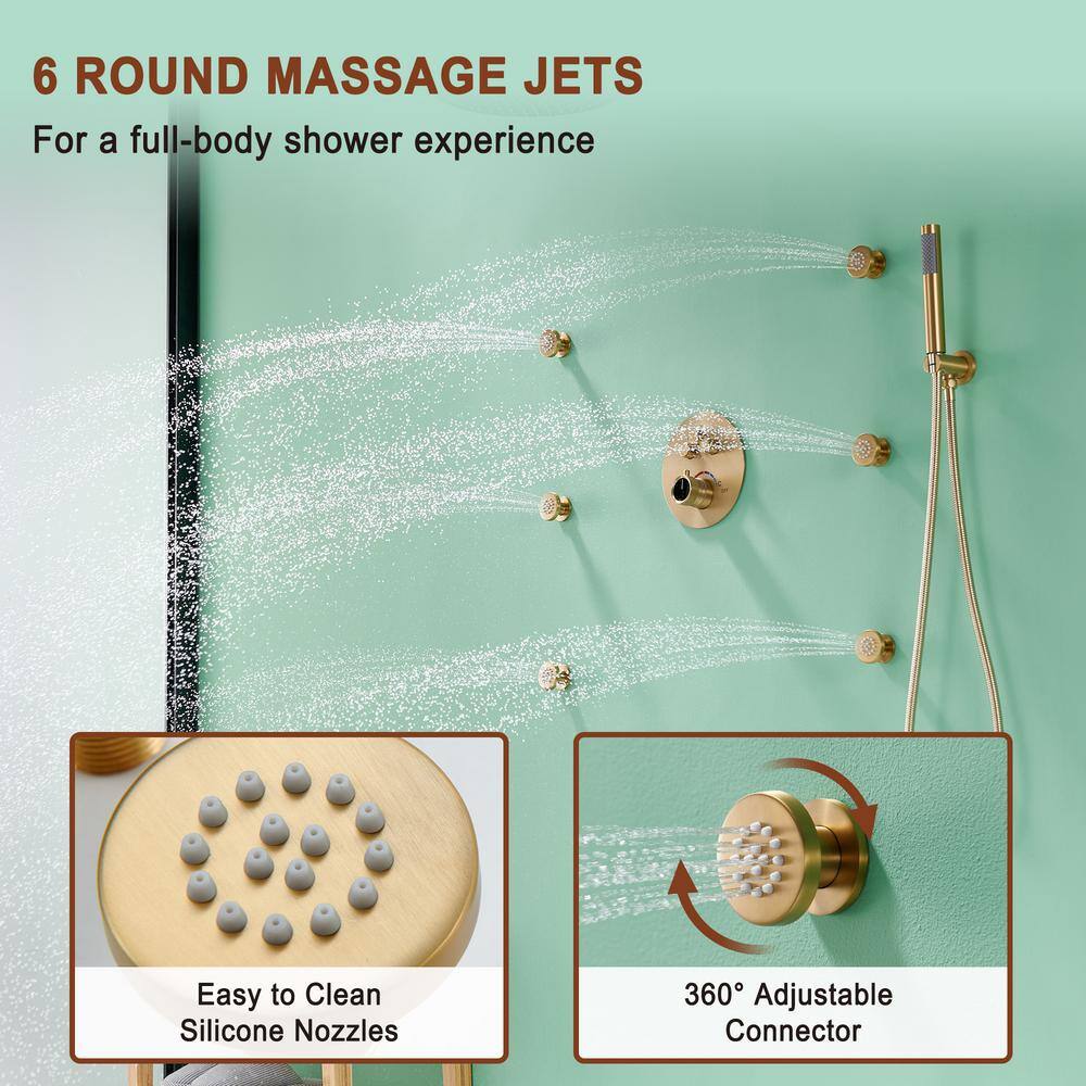 Mondawe Pressure Balanced 3-Spray Patterns 12 in. Wall Mounted Rainfall Dual Shower Heads with 6 Body Spray in Brushed Gold WF6823-12BG