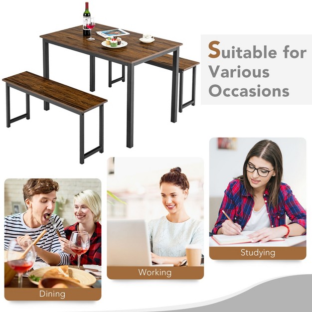 Tangkula 3pcs Dining Table Set For 4 Modern Industrial Counter Height Kitchen Table Set With 2 Benches For Dining Room Natural brown