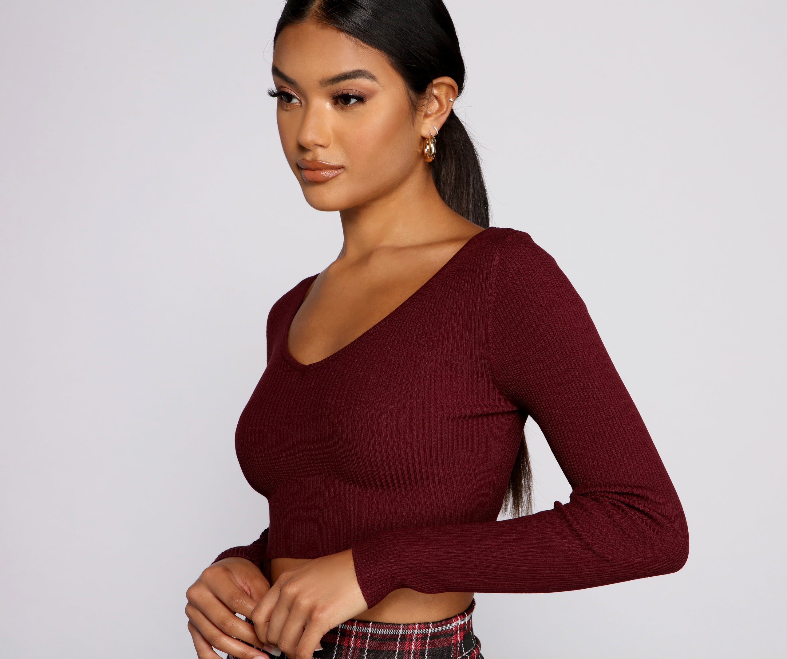 Ribbed Knit Long Sleeve Cropped Sweater