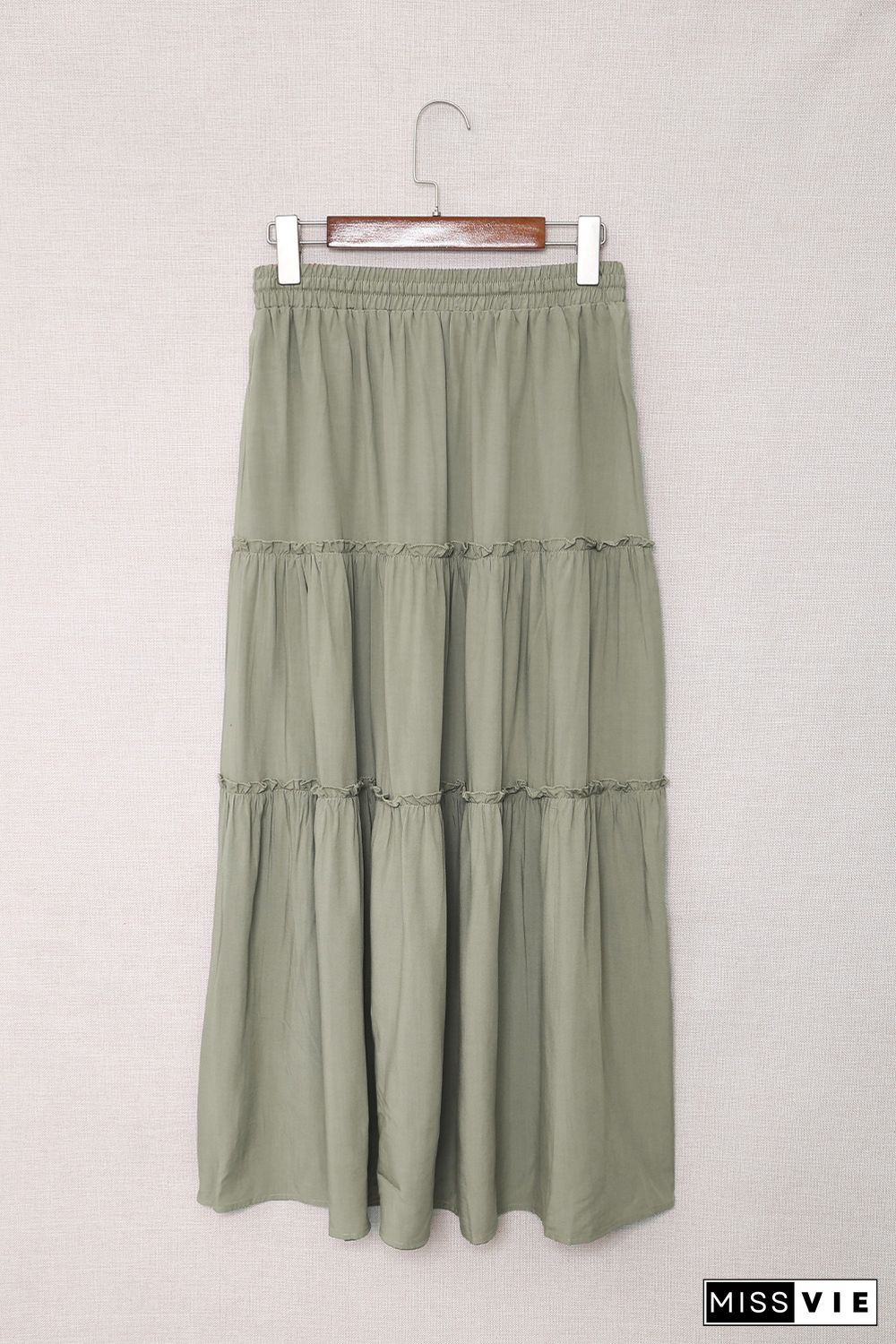 Green Solid Layered Ruffled Drawstring High Waist Maxi Skirt