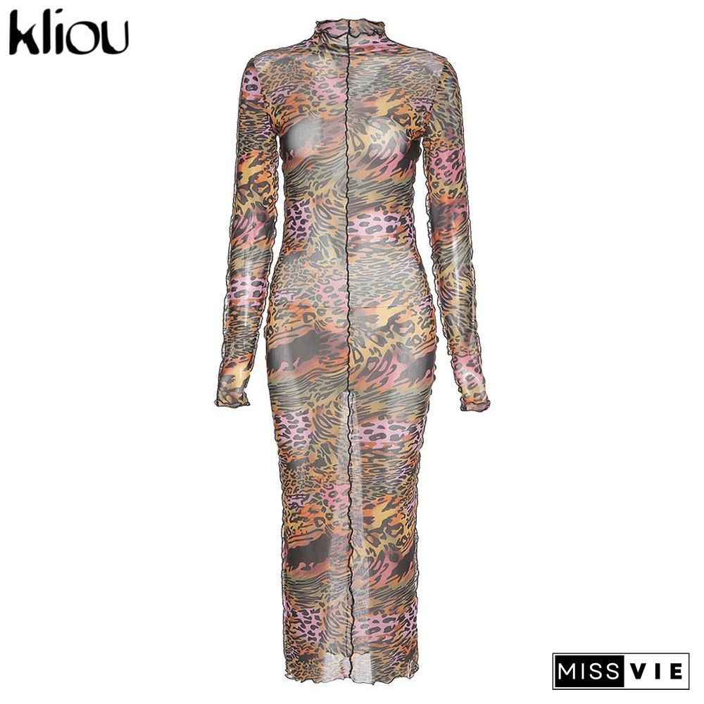 Kliou Mesh Farbic Leopard Pattern Print Maxi Dresses For Women Sexy See Through Ruffle Skinny Attractive Clubwear Party Clothing