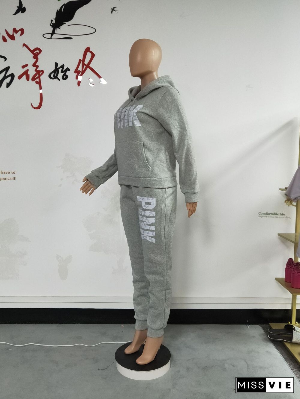 Winter Letter Print Hoodies and Pants Sports 2 Piece Sets