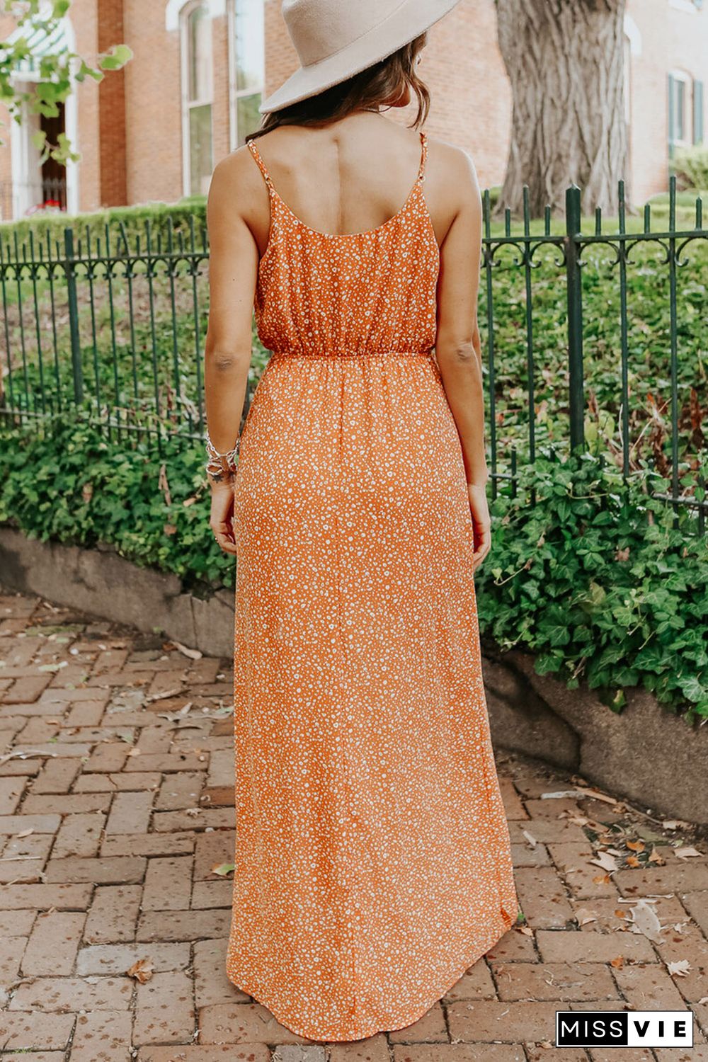 Orange Surplice Dotted Print Sleeveless Maxi Dress with Slit