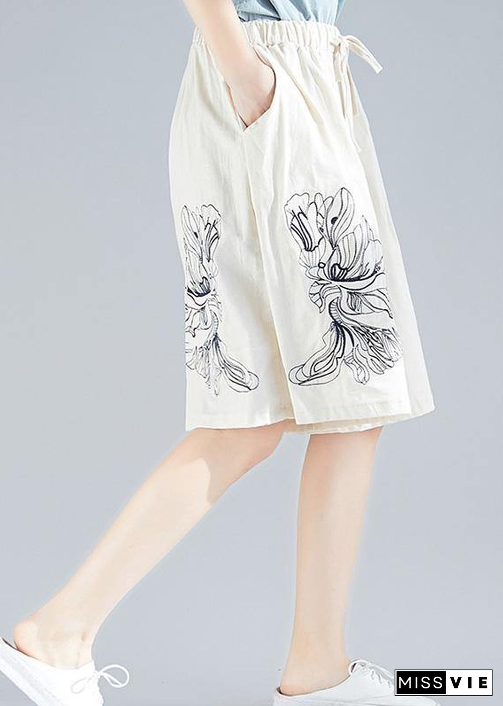 white embroidery blended loose pants casual elastic waist shorts