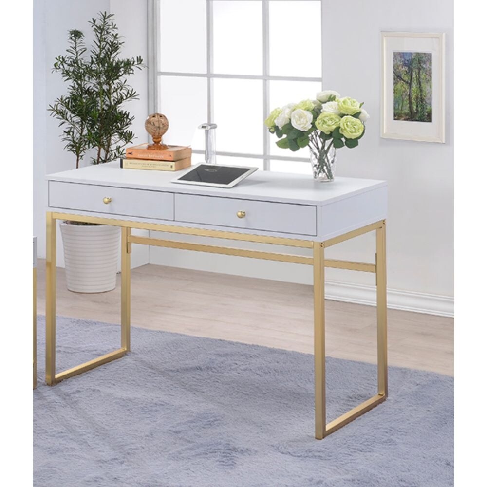 42''L Contemporary Casual Home Office Coleen Writing Computer Desk with Brass Finish Metal Frame and 2 Storage Drawers