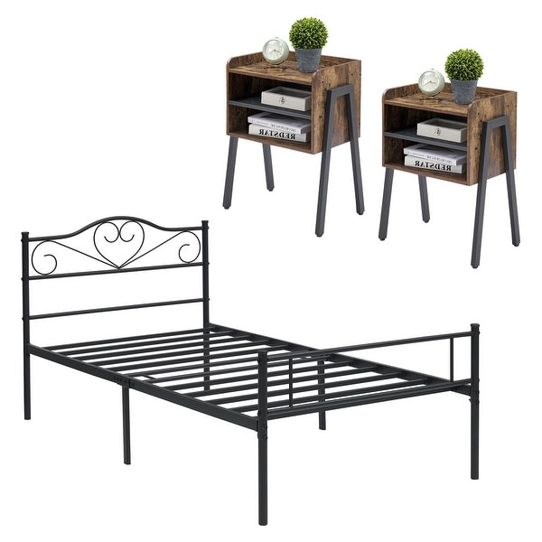 Taomika 3-Pieces Modern Bedroom Set with Brown Nightstand and Black Bed - - 36002070