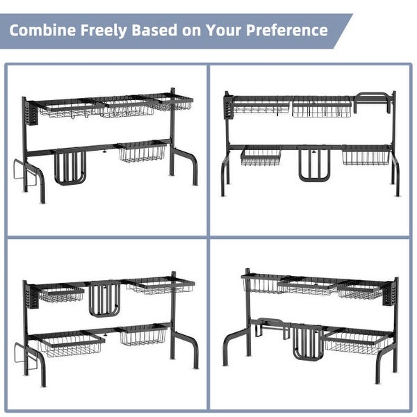 2 Tier Adjustable Over Sink Dish Drying Rack with 8 Hooks - 21-39