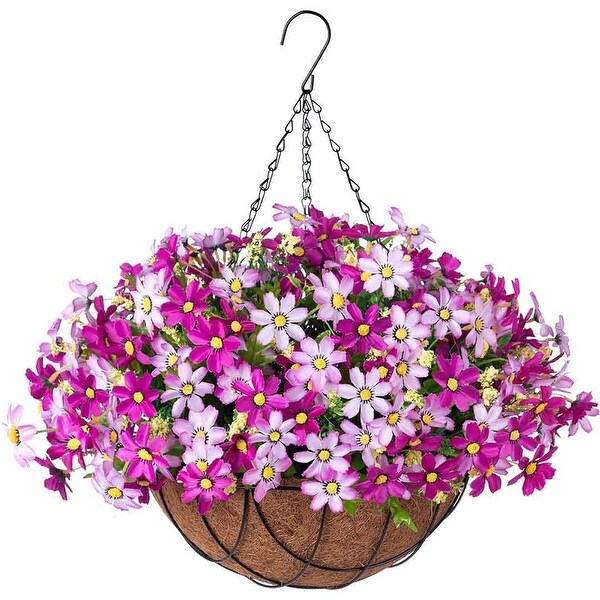 Artificial Silk Flowers Hanging Baskets Outdoors，Chrysanthemum with Eucalyptus Leaves in Metal Coconut Lining Flowerpot