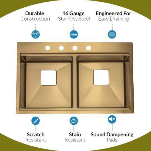 S STRICTLY KITCHEN + BATH TMR5050WS-Gold 16 Gauge Stainless Steel 33 in. Double Bowl Drop-In Workstation Kitchen Sink with Square Drains TMR5050WS-G