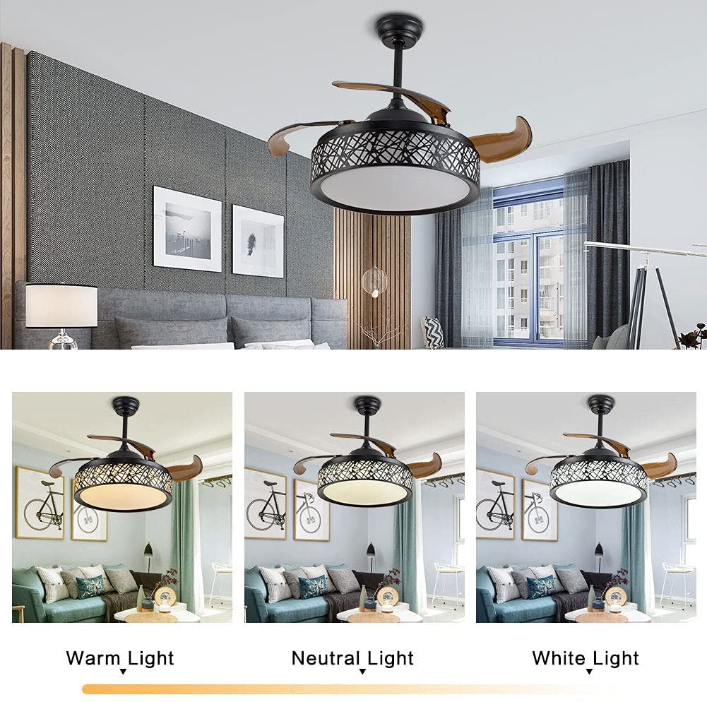 WUZSTAR 42 Inch Invisible Ceiling Fan with Lights 4 Retractable Blades 3 Color Fan Chandelier with Remote Control