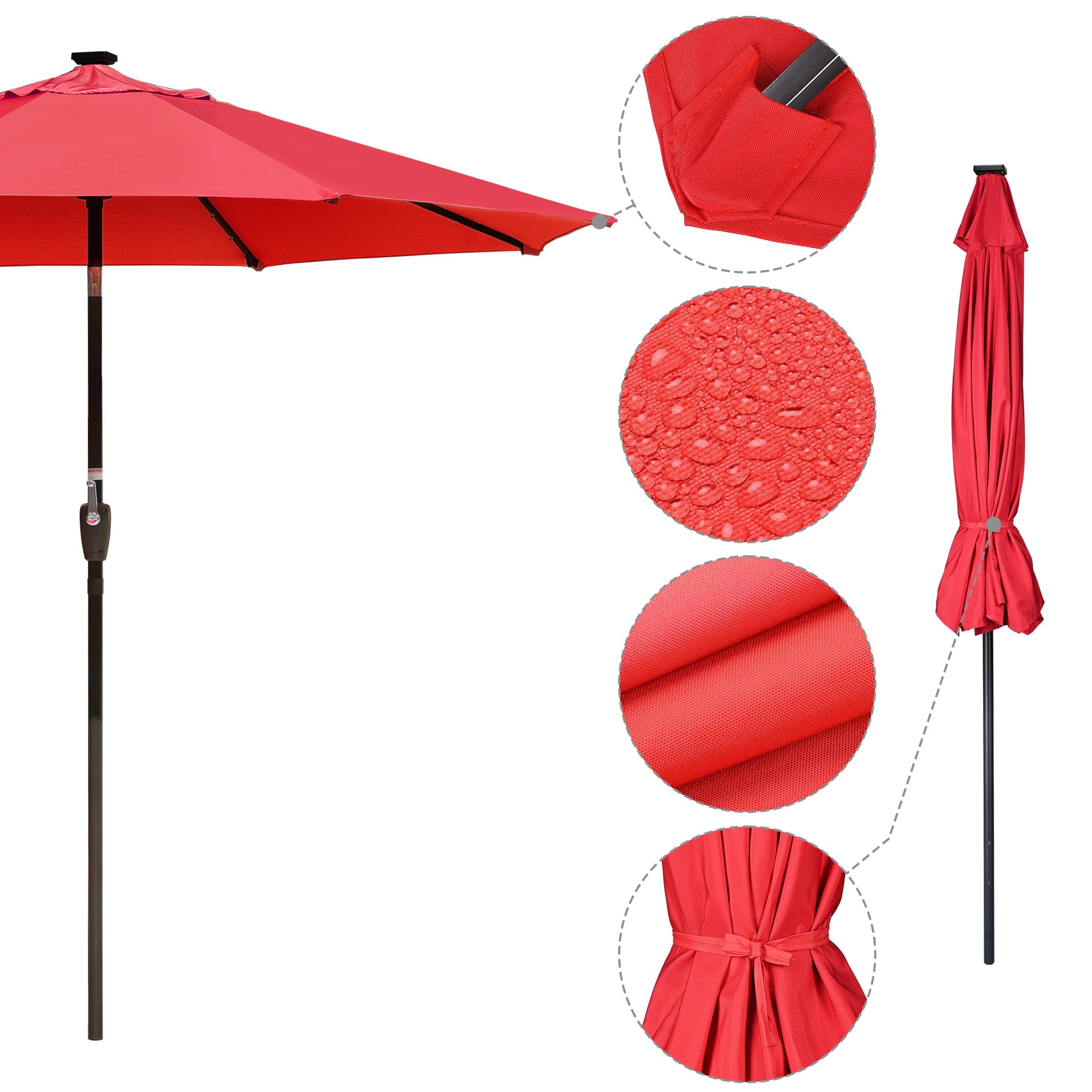 LAGarden 9Ft LED Lighted Patio Market Umbrella Outdoor Solar Powered Table Umbrella 8 Ribs 32 Lights UV30 Red