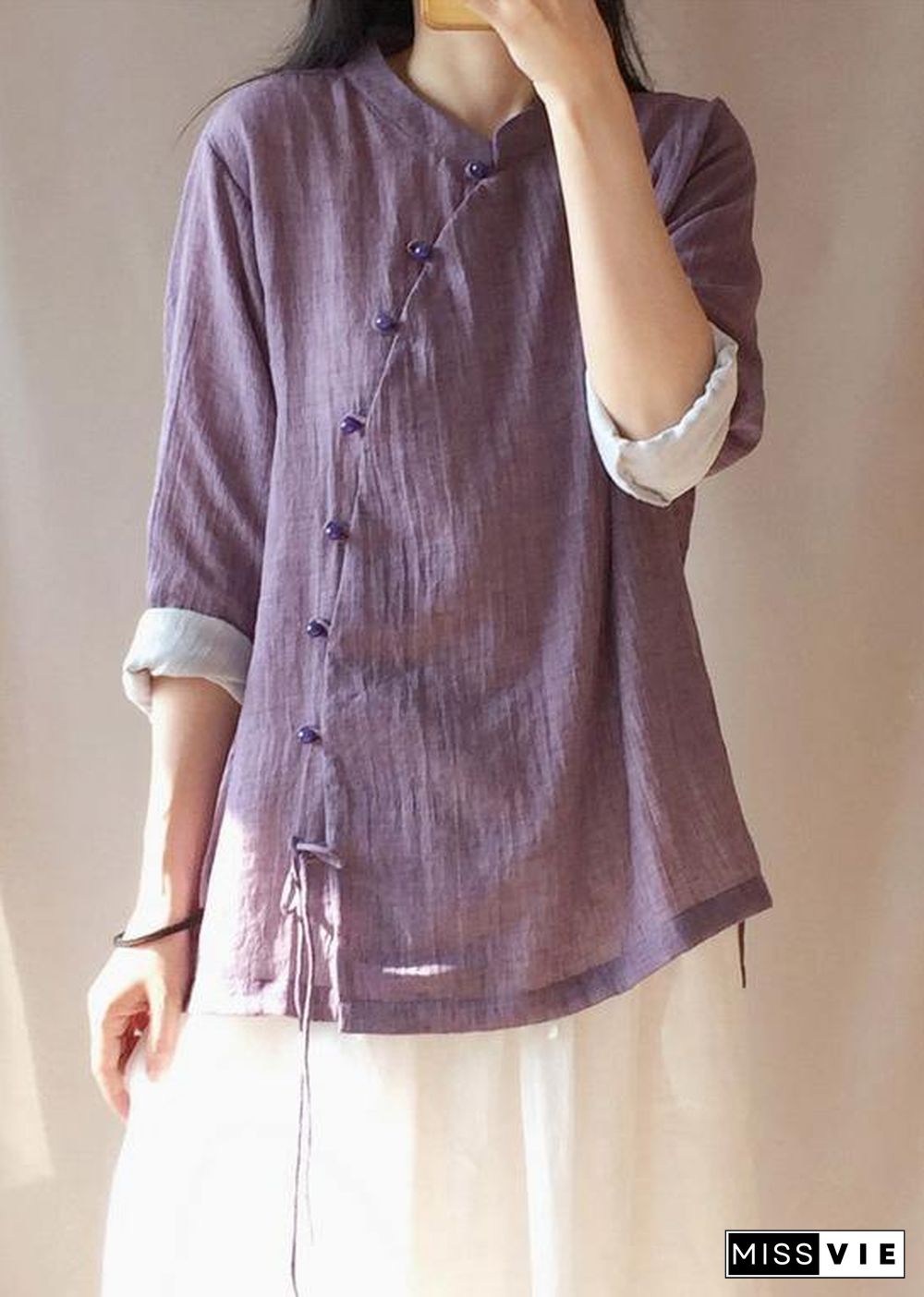 French Purple Tops Women Blouses Stand Collar Button Down Clothing Blouse