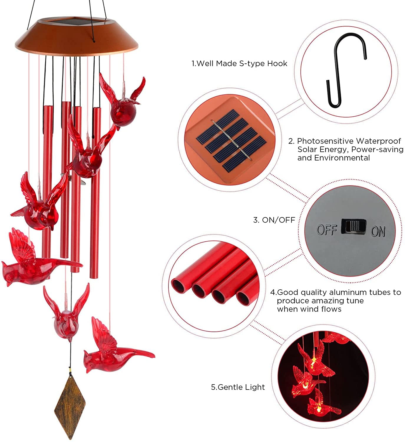 Kyoryuger Solar Cardinal hanging Wind Chimes， Solar Powered Cardinal LED Light，for Outdoor Indoor decor(Red Cardinal）