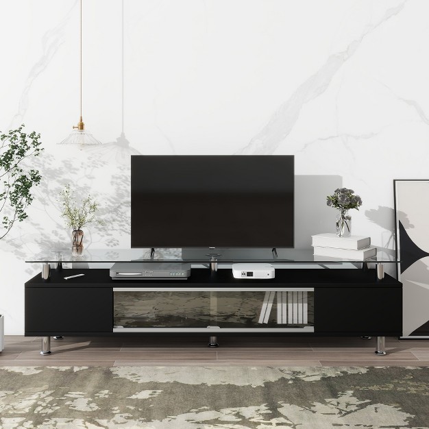 Simple Stylish Design Tv Stand With Silver Metal Legs And Sliding Glass Door Modernluxe