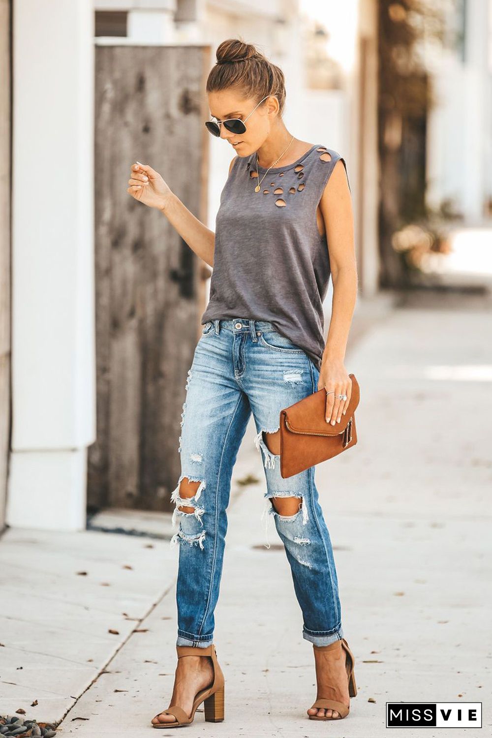 Gray Broken Hole Detail Sleeveless Crew Neck Tank Top