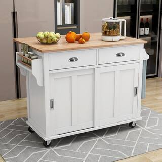 White Rubberwood Drop-Leaf Countertop 52.2 in. Kitchen Island Cart Sliding Barn Door with Storage and 2-Drawer EC-KIWW-9161