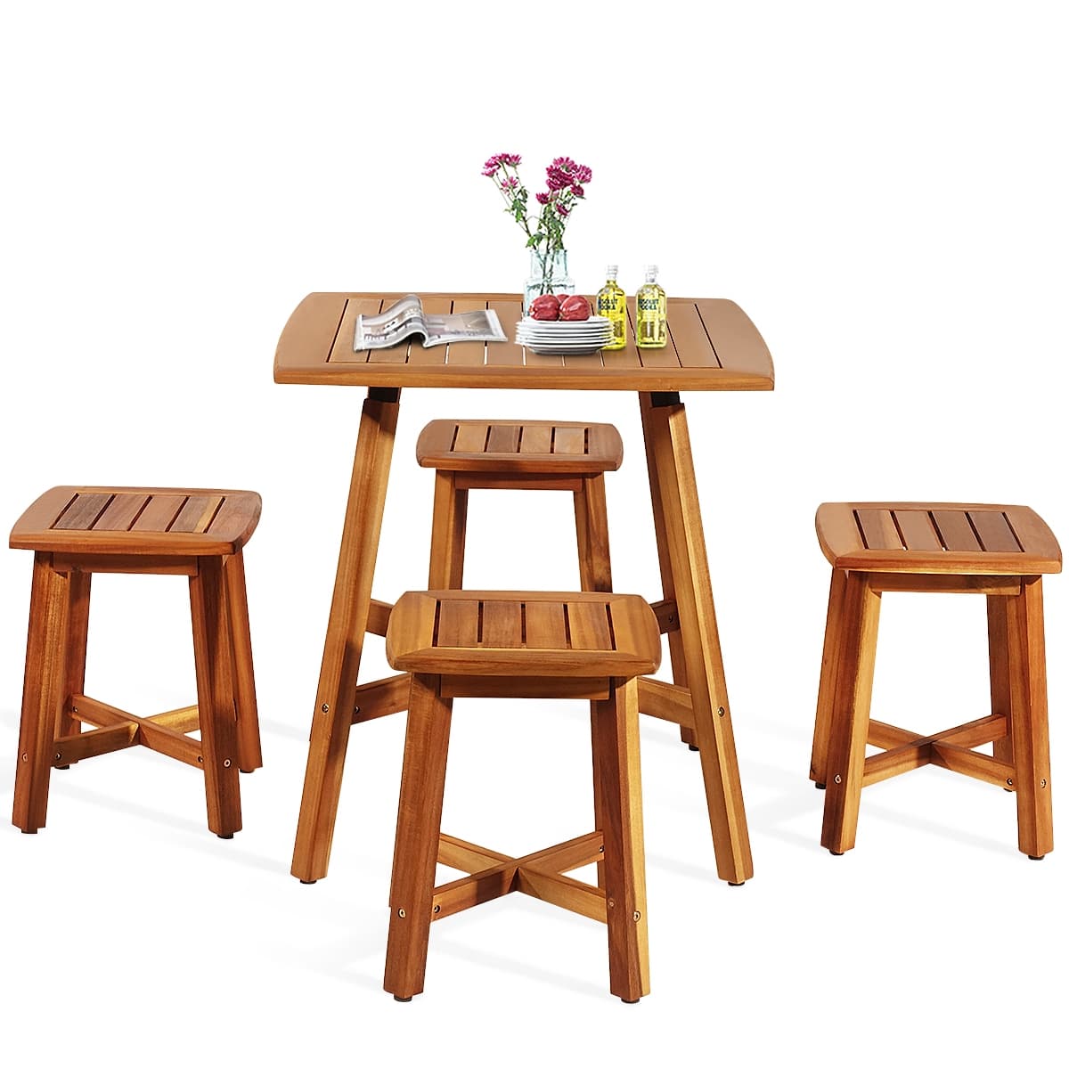 5 Pcs Acacia Wood Patio Dining Set with Square Table & 4 Stools, Outdoor Conversation Bistro Set